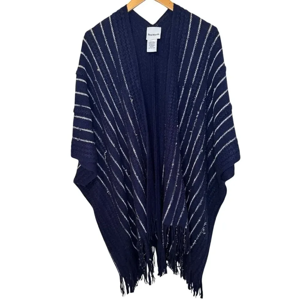 Bon Worth Cozy Boho Deep Blue W/ Silver Metallic Striped Poncho W/ Fringe